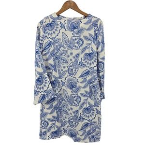 Coco Indigo Dress Womens XS Blue White Penelope Linen Floral Paisley 3/4 Sleeve